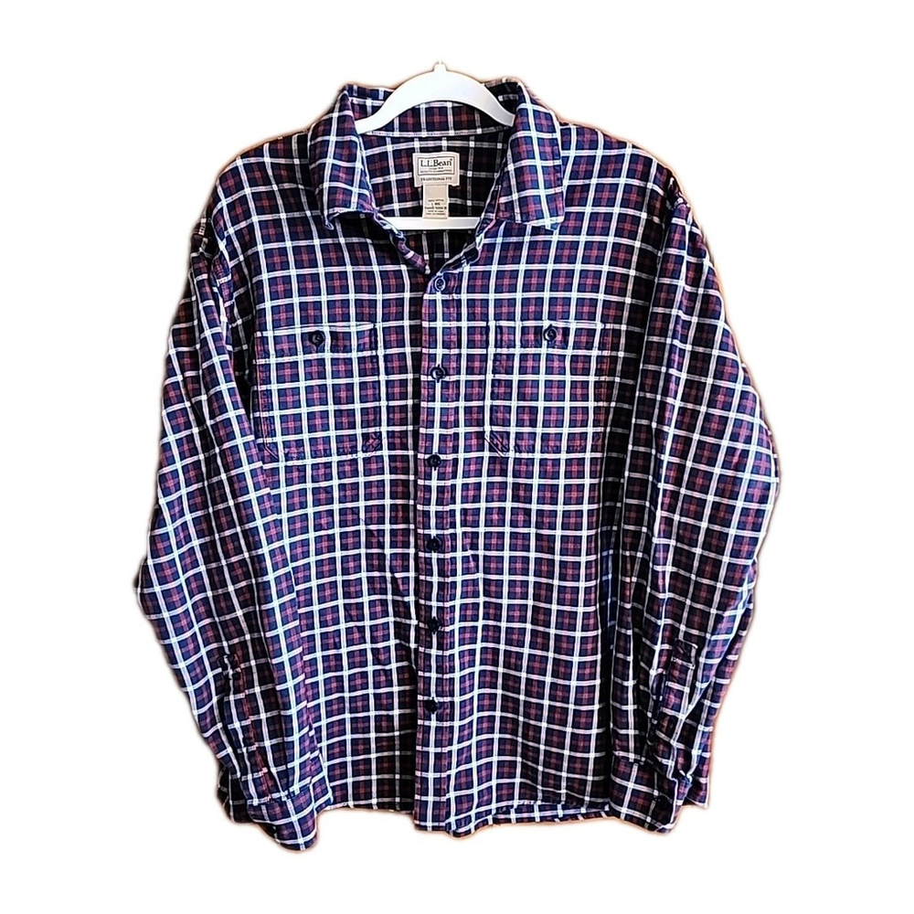 L.L. Bean Men's Large Blue Plaid Long Sleeve Shirt Button-Up 100% Cotton A2